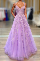 A-Line Tulle Princess Light Purple Semi Formal Prom Dress With Appliques, Tulle Straps Semi Formal Prom Dress